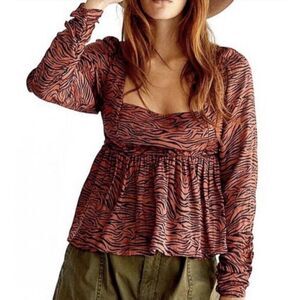 Free People Tiger Stripe Peplum Empire Flouncy Smocked Cut Out Top XS